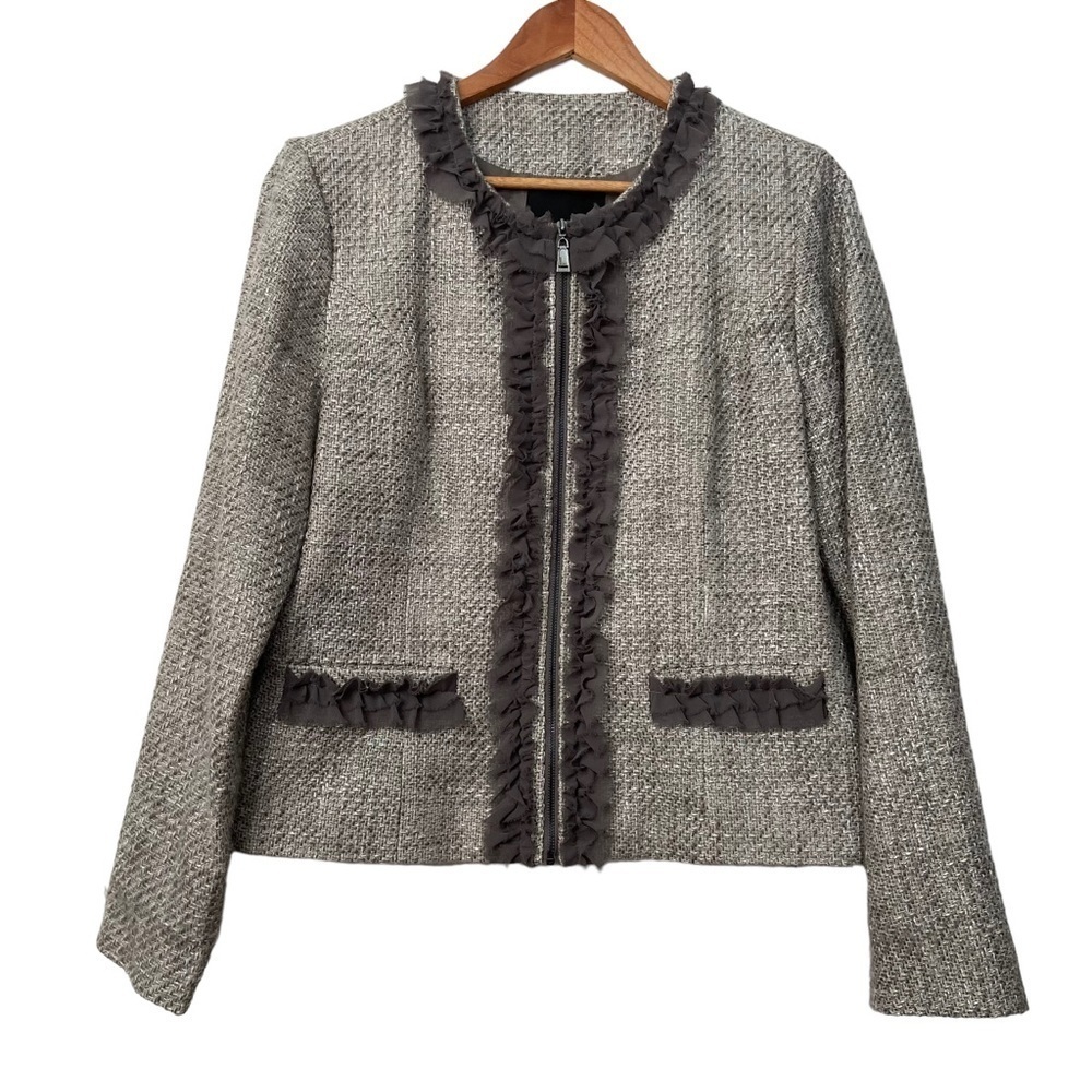 Mac & Jac blazer jacket grey/beige tweed type zip up sheer voven embellished XL